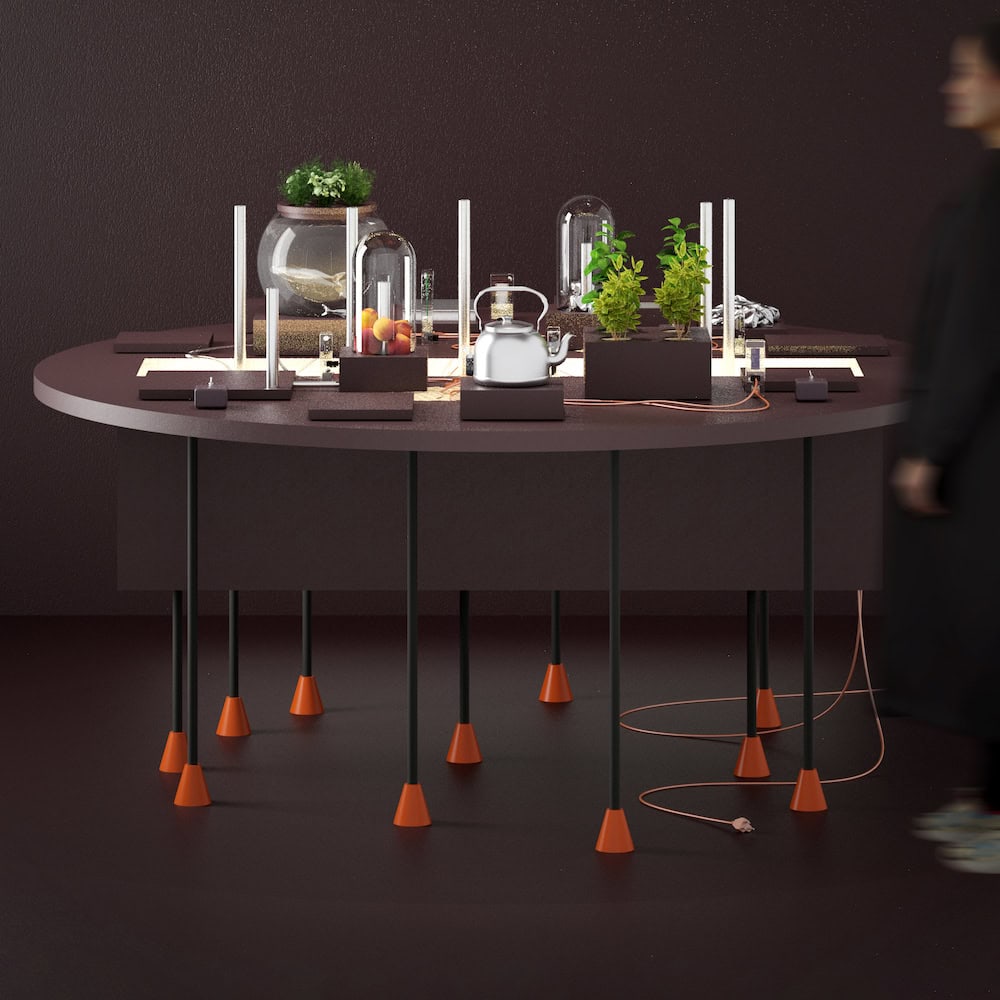 A render of household appliances and plants on a table.