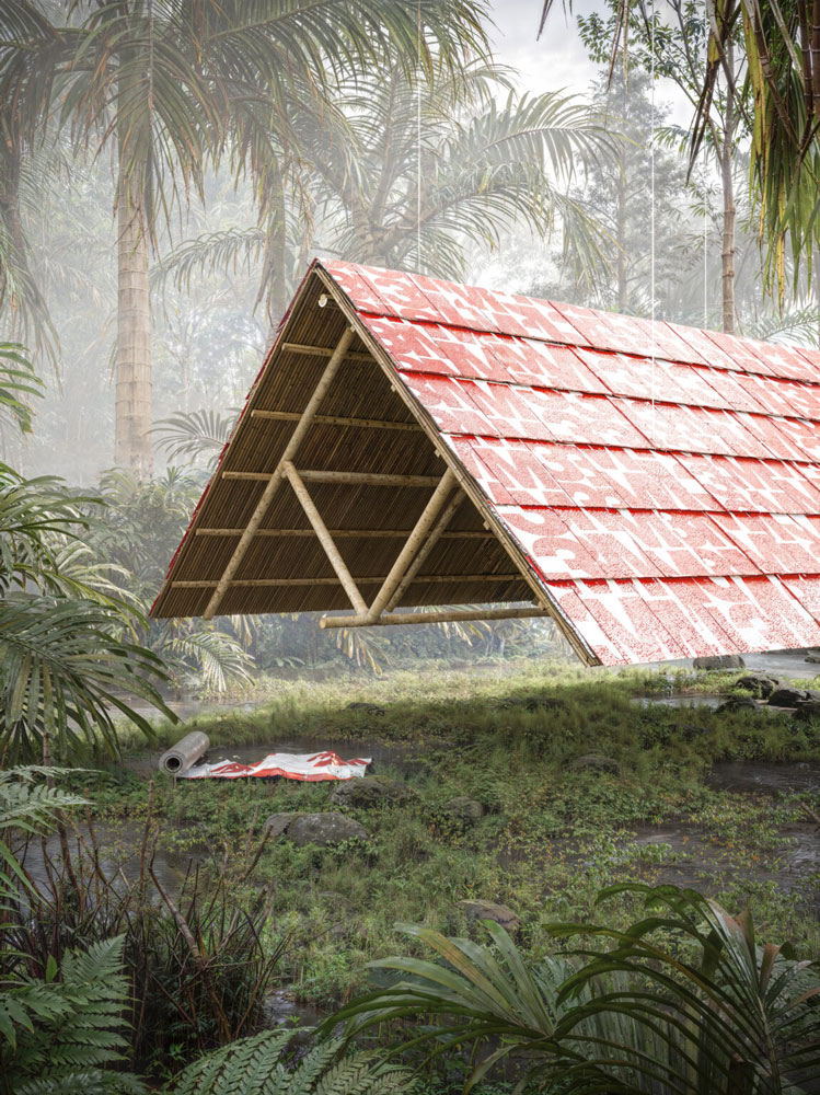 Floating roof with red tiles in a woodland setting.