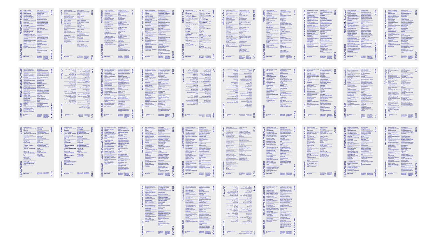 A grid of public programs posters translated into more than thirty languages.
