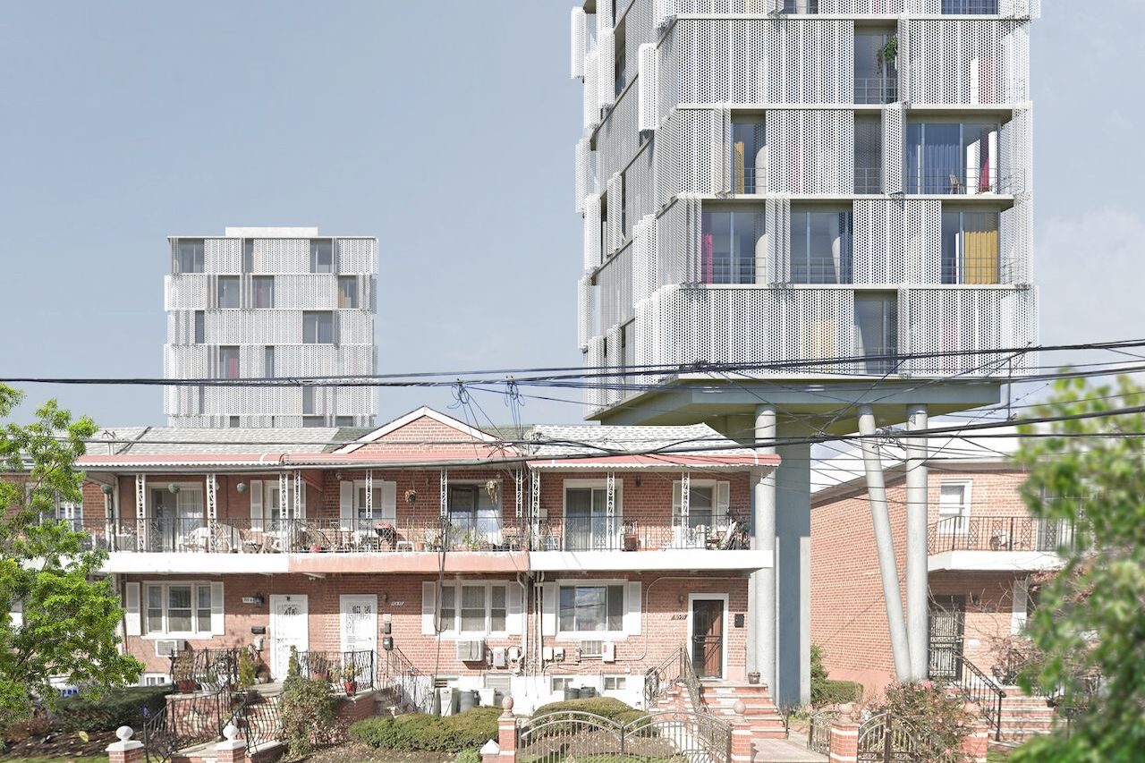 Architectural rendering of a raised housing complex foregrounded by traditional Brooklyn area two story apartment building.
