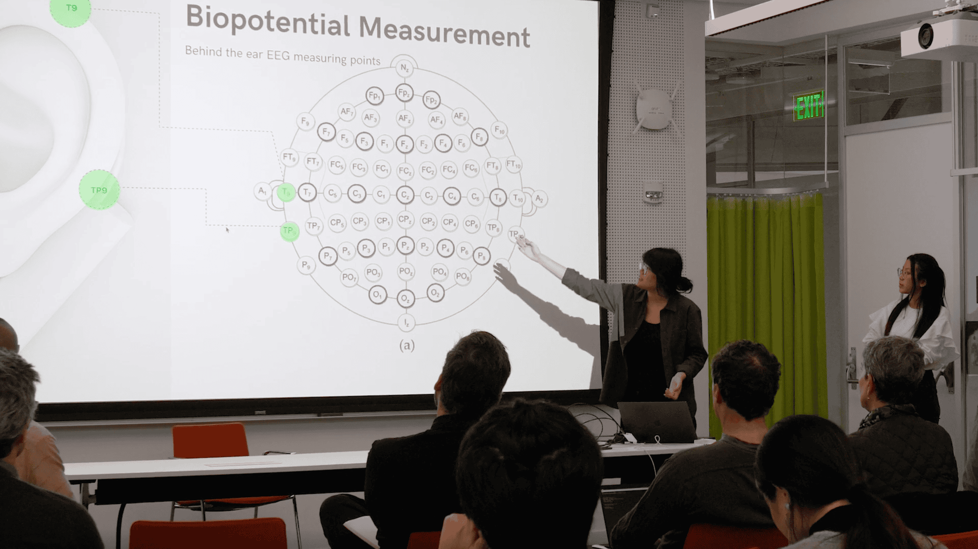 A person stands in front of a class and points to a presentation on biopotential measurement.