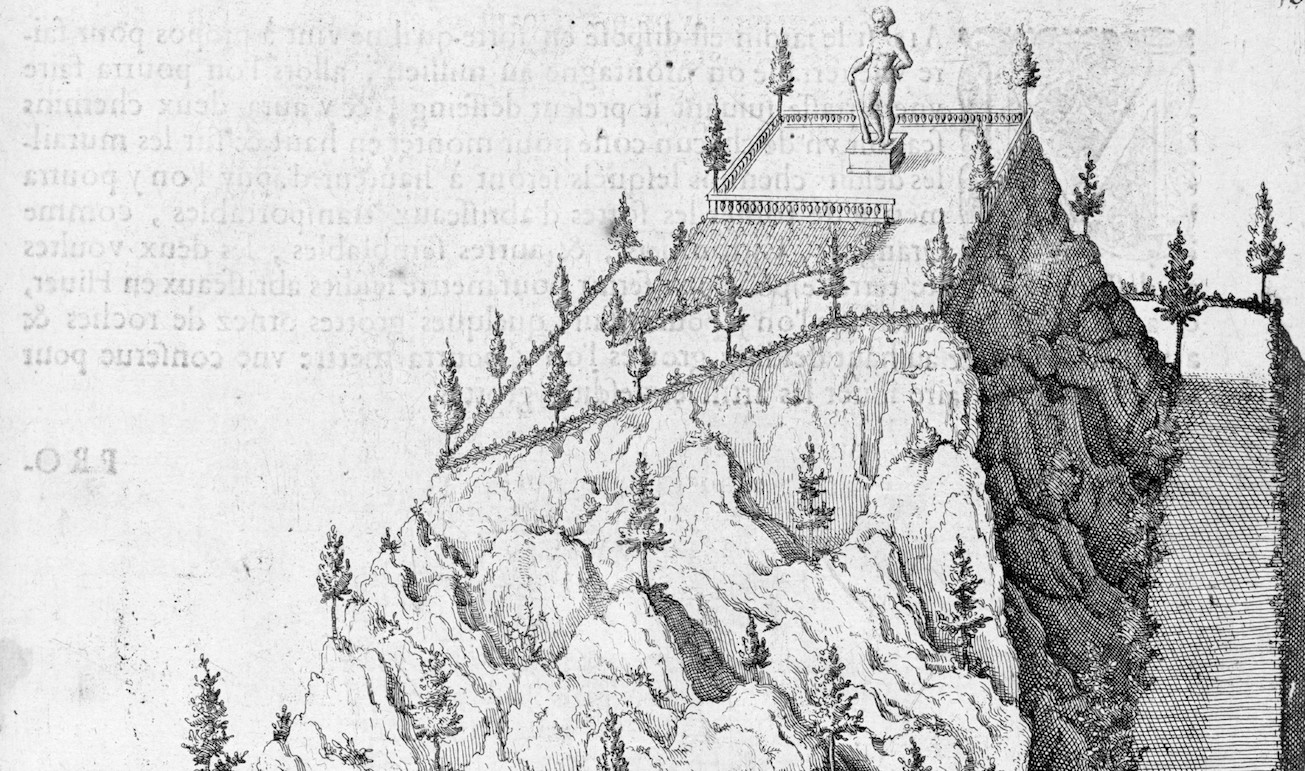 Detail of an illustration of a mountain with a sloped ramp up the side leading to a flat park at the top.