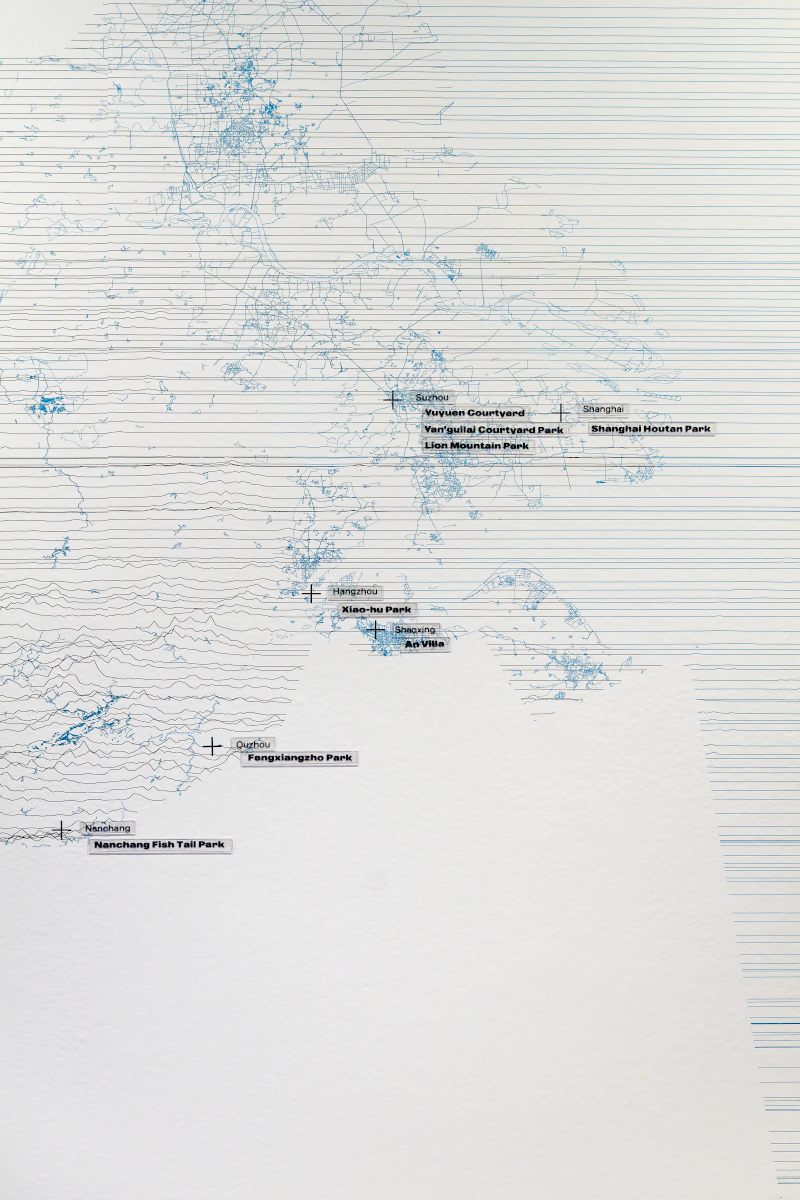 Line drawing map on a wall.