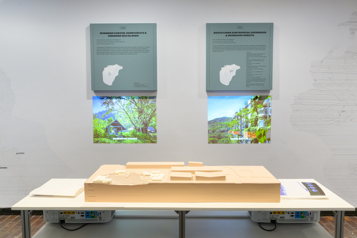 A landscape model on a table in front of images on the wall.