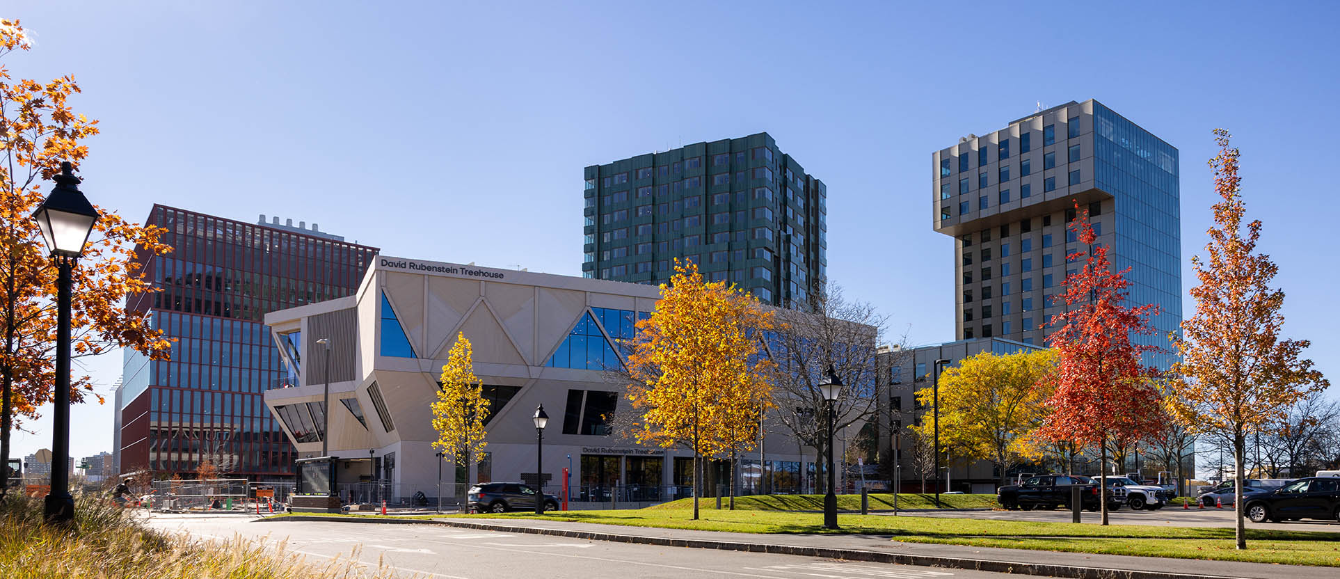 Perspective view of five buildings clustered together