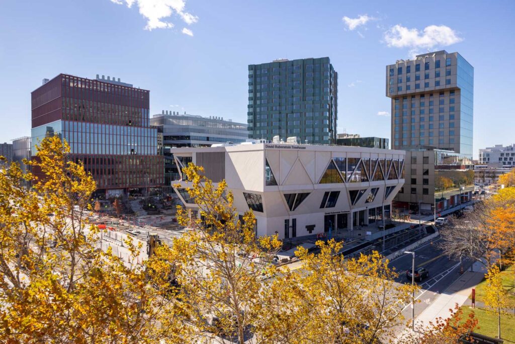 Aerial view of five buildings clustered together