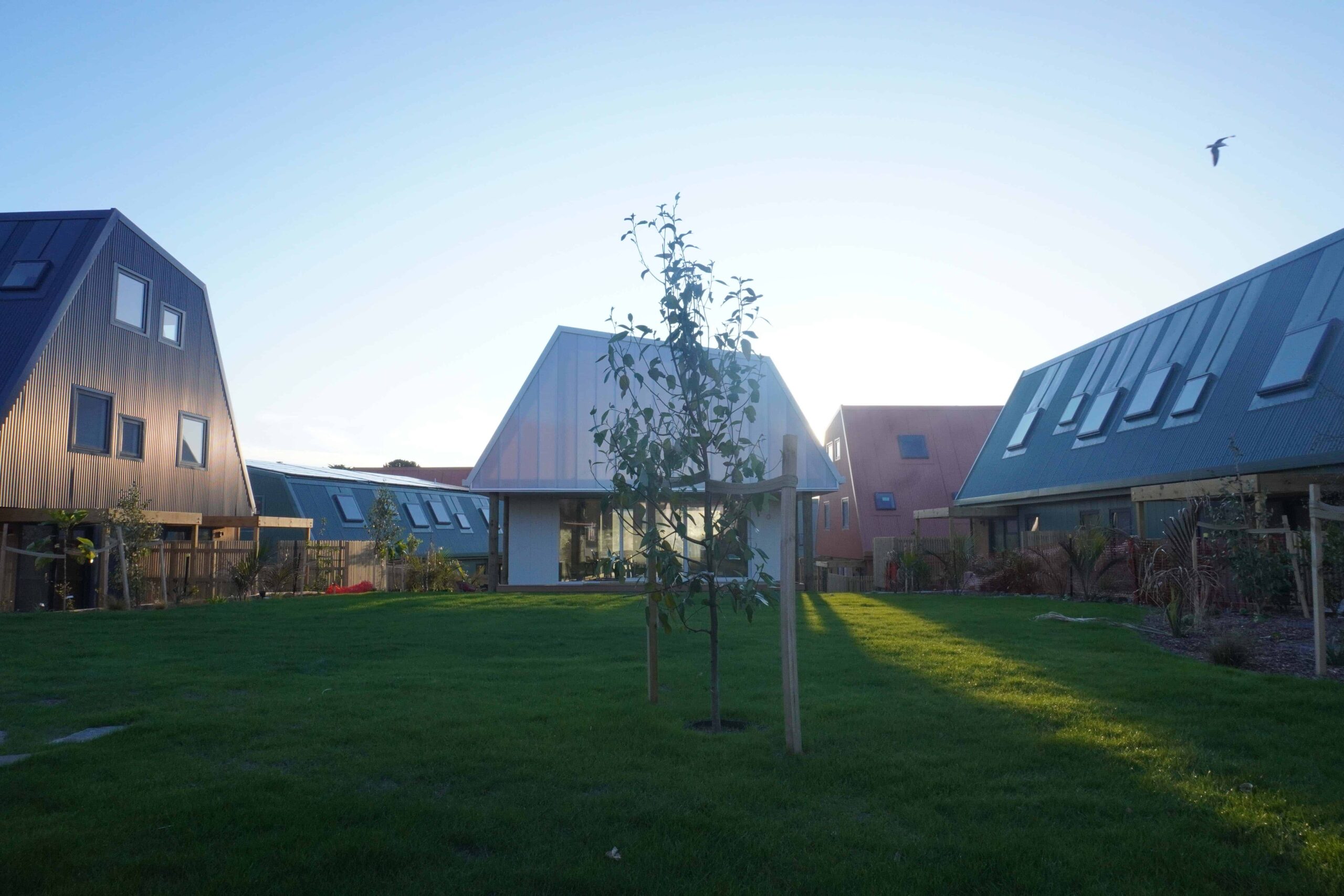 Three buildings centered around a green lawn with blue skies in the back