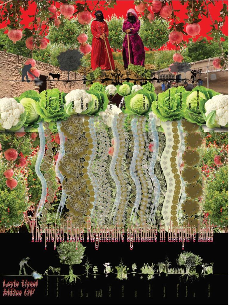 Colorful poster showing women in traditional dress and cultivated gardens