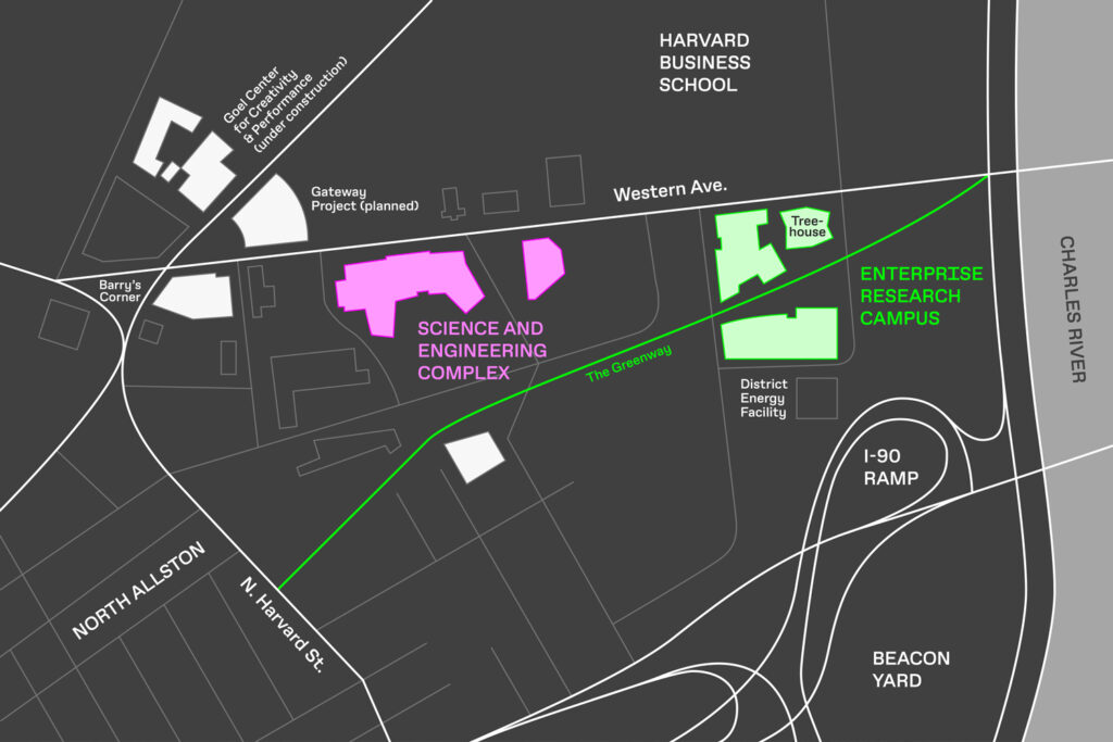 Schematic map of Harvard's Allston Campus with Enterprise Research Campus in green.