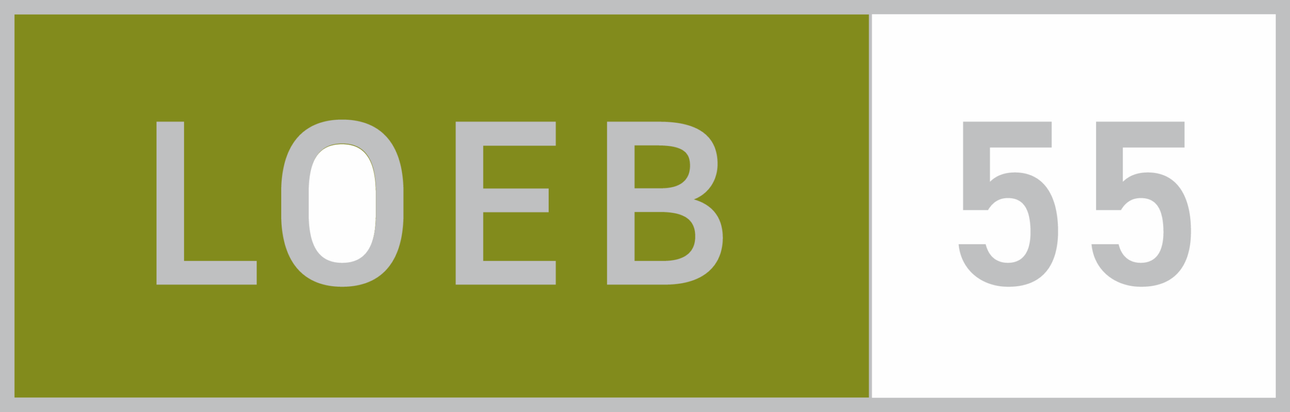 Rectangular sign with olive green background on the left displaying the text ‘LOEB’ in gray, and a white section on the right with the number ‘55’ in gray.