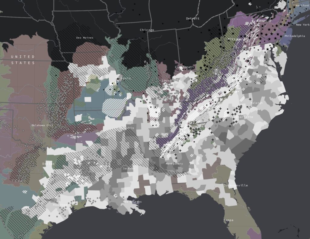 map of "extractive economies, slave population, and ecotonal regions"