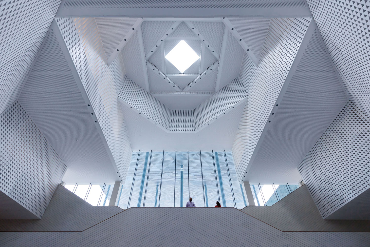 An interior view of the Ismaili Center in Houston showing an oculus in a central atrium.