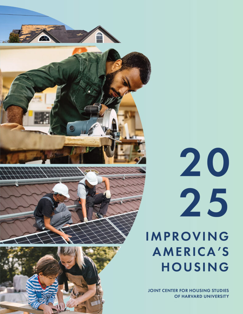 Blue report cover with pictures of people renovating houses.