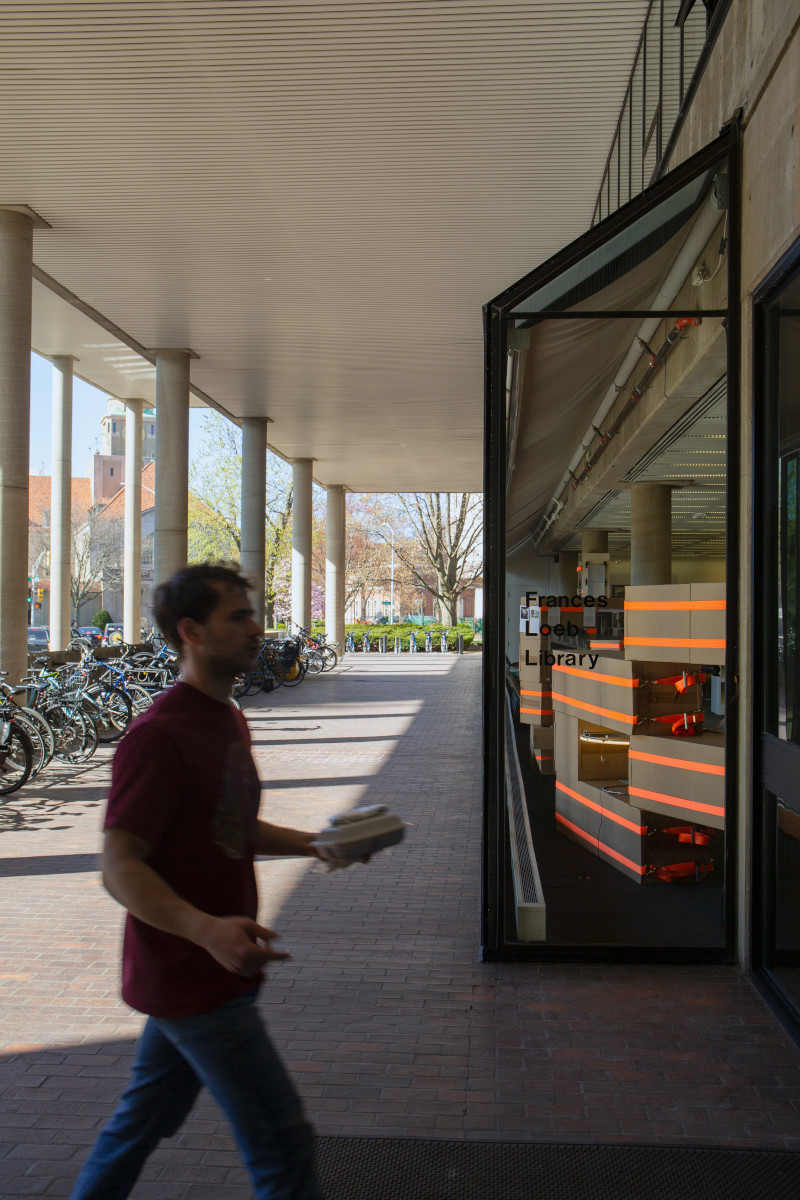 A temporary structure built from cardboard boxes and ratchet straps, seen from outside the windows of Frances Loeb Library.