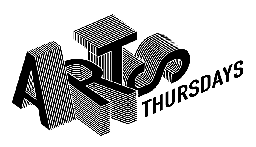 
Black and white graphic logo with the word “ARTS” in bold, stacked 3D letters and the word “THURSDAYS” in slanted capital text to the right.