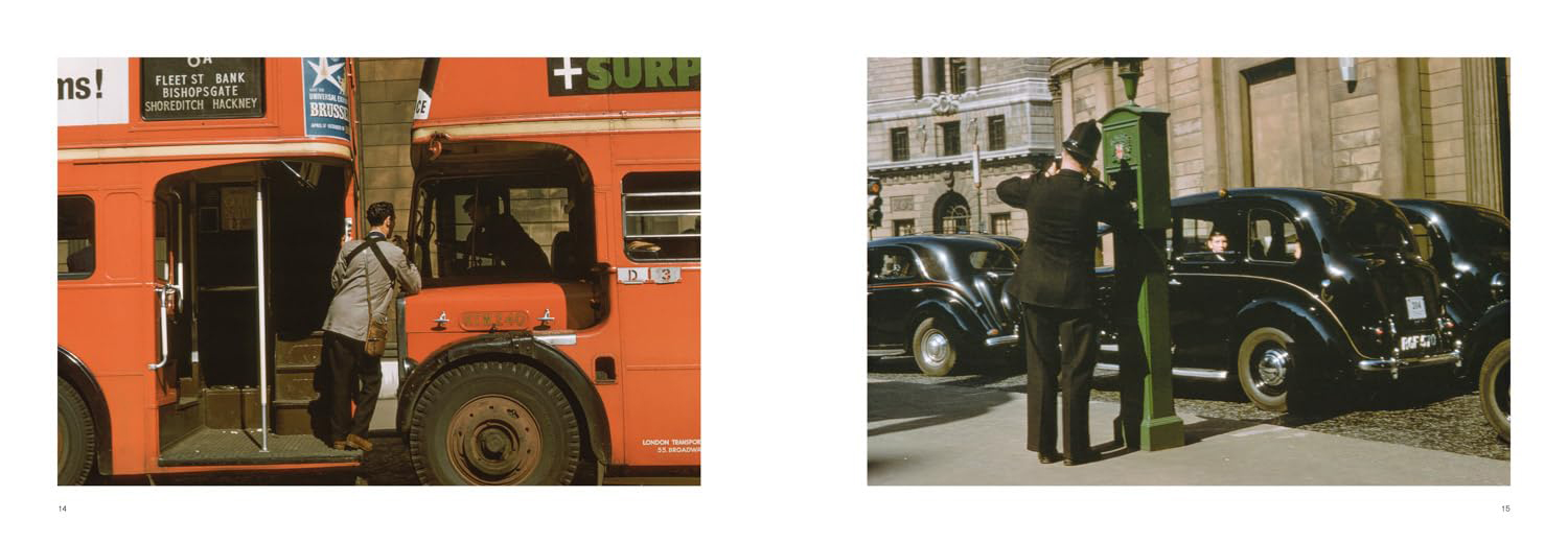 Book spread showing two images of London street scenes