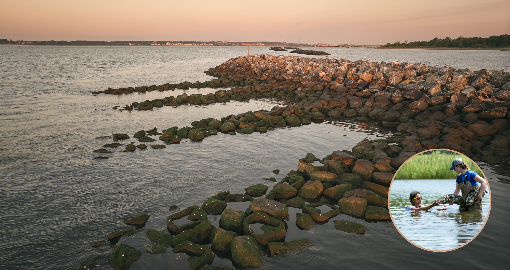 Image of jetty with inset photo of two people working.