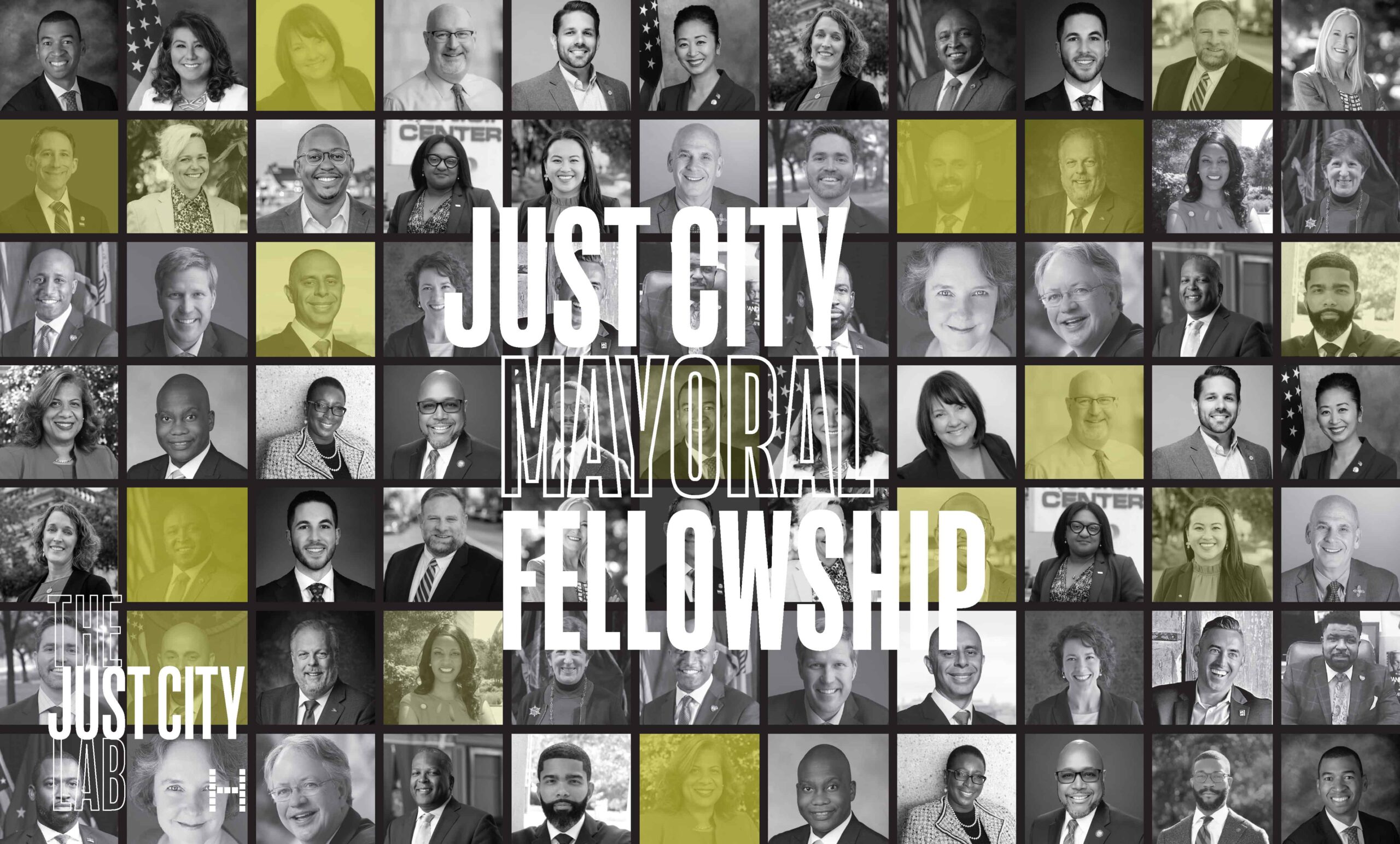 Collage of many mayoral headshots in a grid with large white text overlaid reading “JUST CITY MAYORAL FELLOWSHIP” and smaller text in the corner reading “THE JUST CITY LAB.”