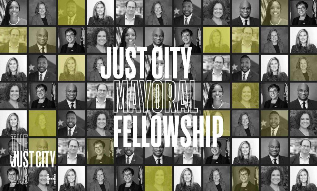 A grid of headshots featuring the 2026 Just City Mayoral Fellowship fellows