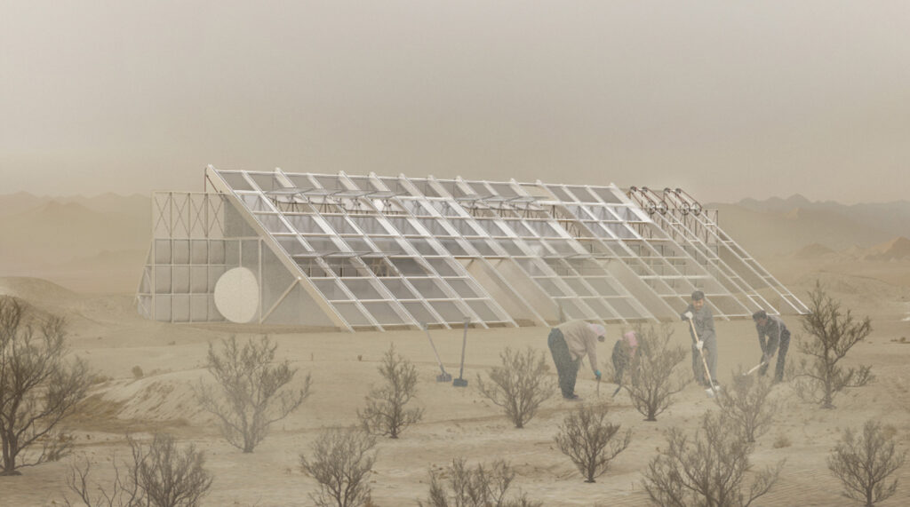 Rendering of desert scene with sloped white-framed building and people farming.