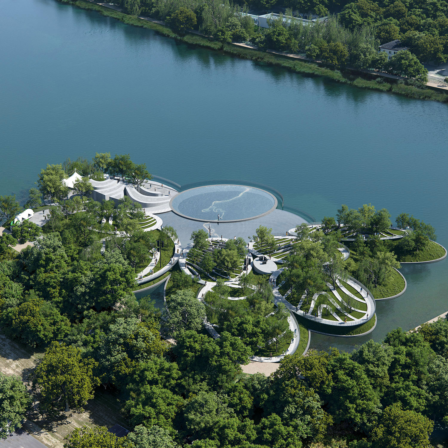 A pavilion comprised of circular and oval forms in a lake. Suseongmot by PARKKIM.