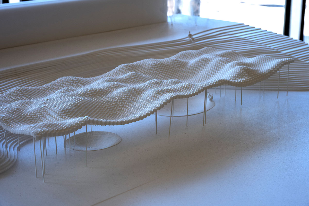 An architectural model of a curved latticed roof shape.