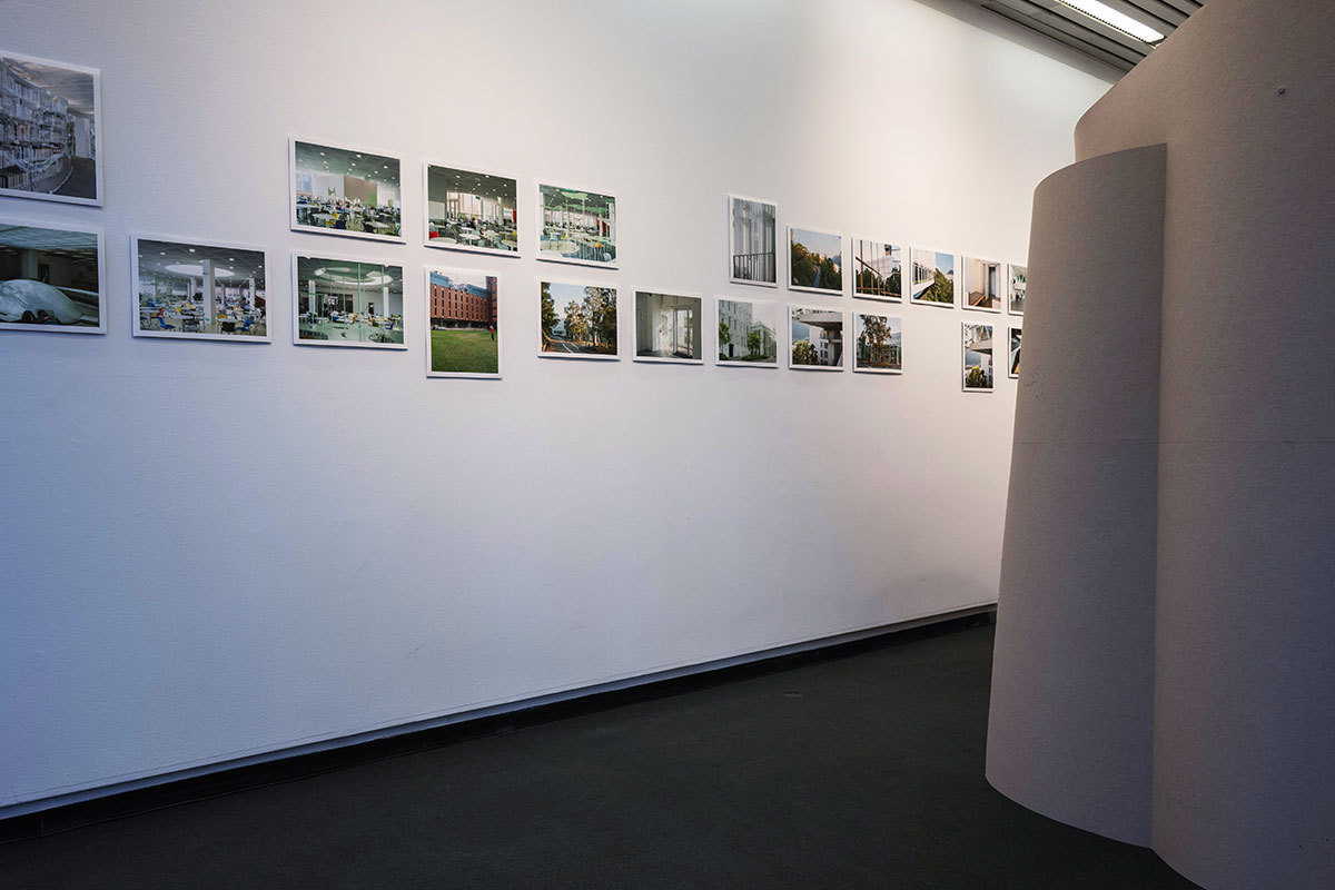 A curved temporary wall made of chipboard stands next to a white wall with a series of photographic images on display.