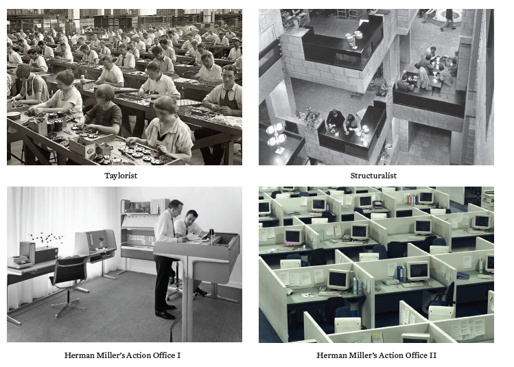 A grid of four images showing different approaches to office design.