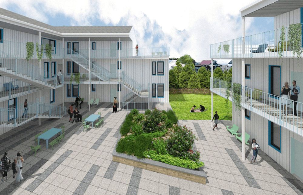 Rendering of a modern apartment courtyard with people walking and sitting around a central raised garden, surrounded by three-story buildings and an open grassy area in the background.