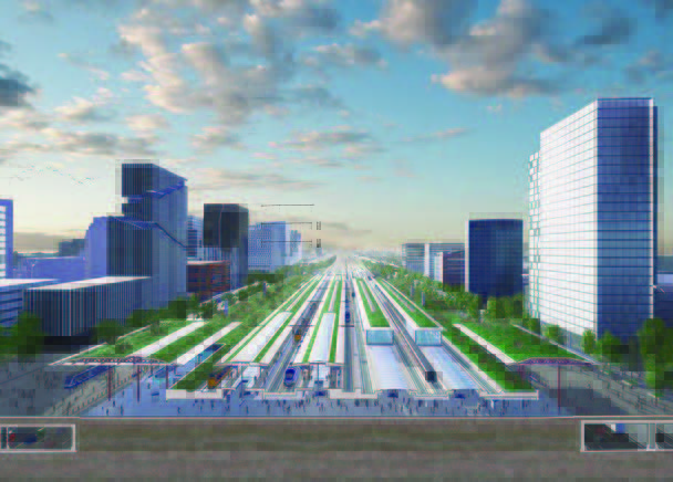 A rendering of a large transit hub in a high-rise urban development.