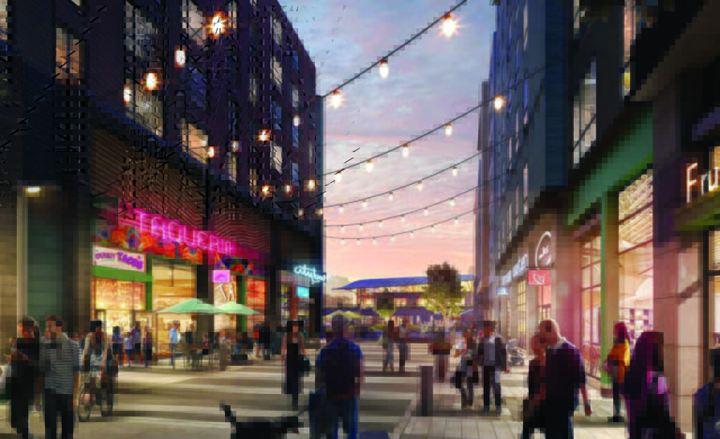 A rendering of a vibrant city street.