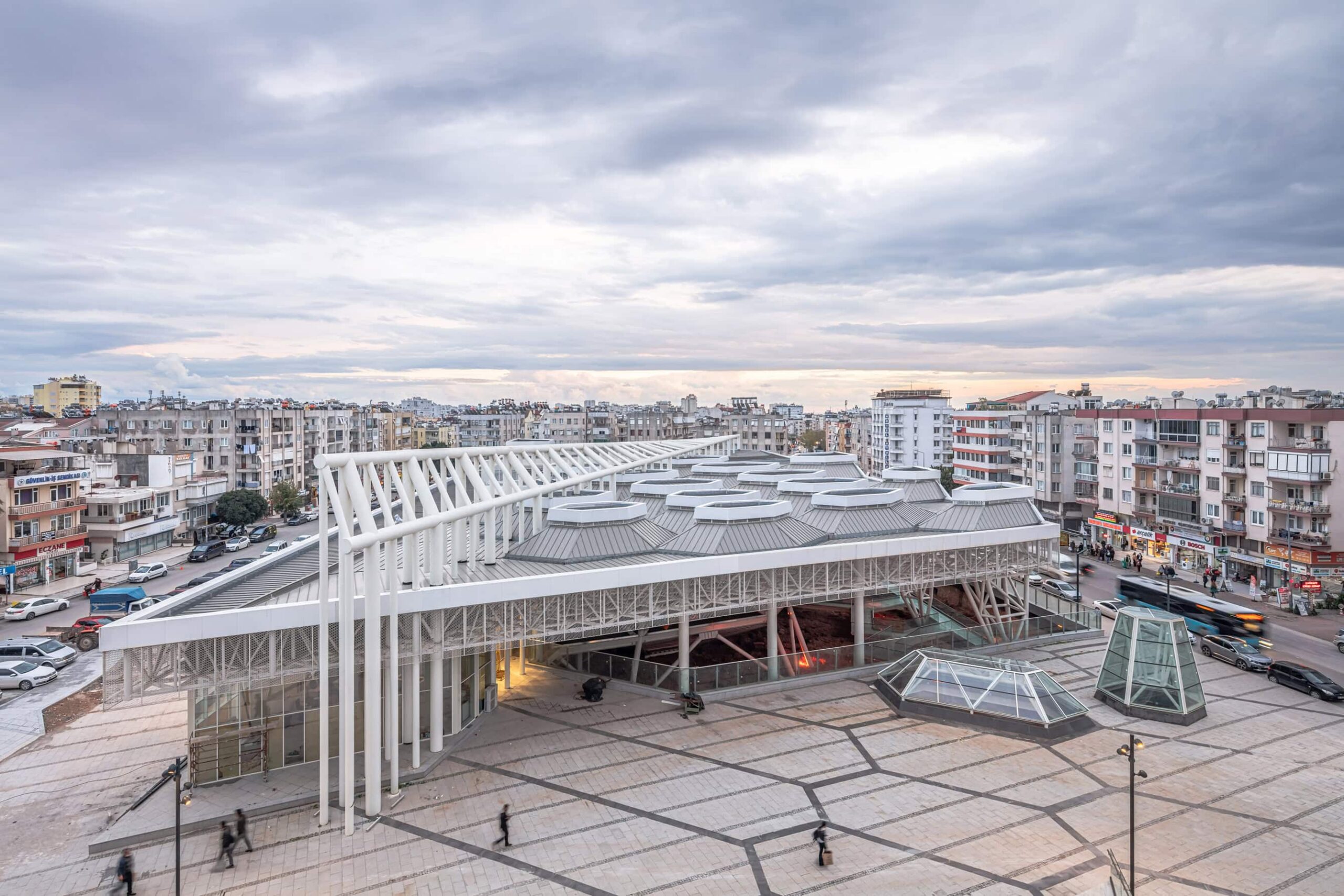 Aerial shot of the Antalya Necropolis Museum in Antalya, Turkey, showcasing steel beams throughout the design.