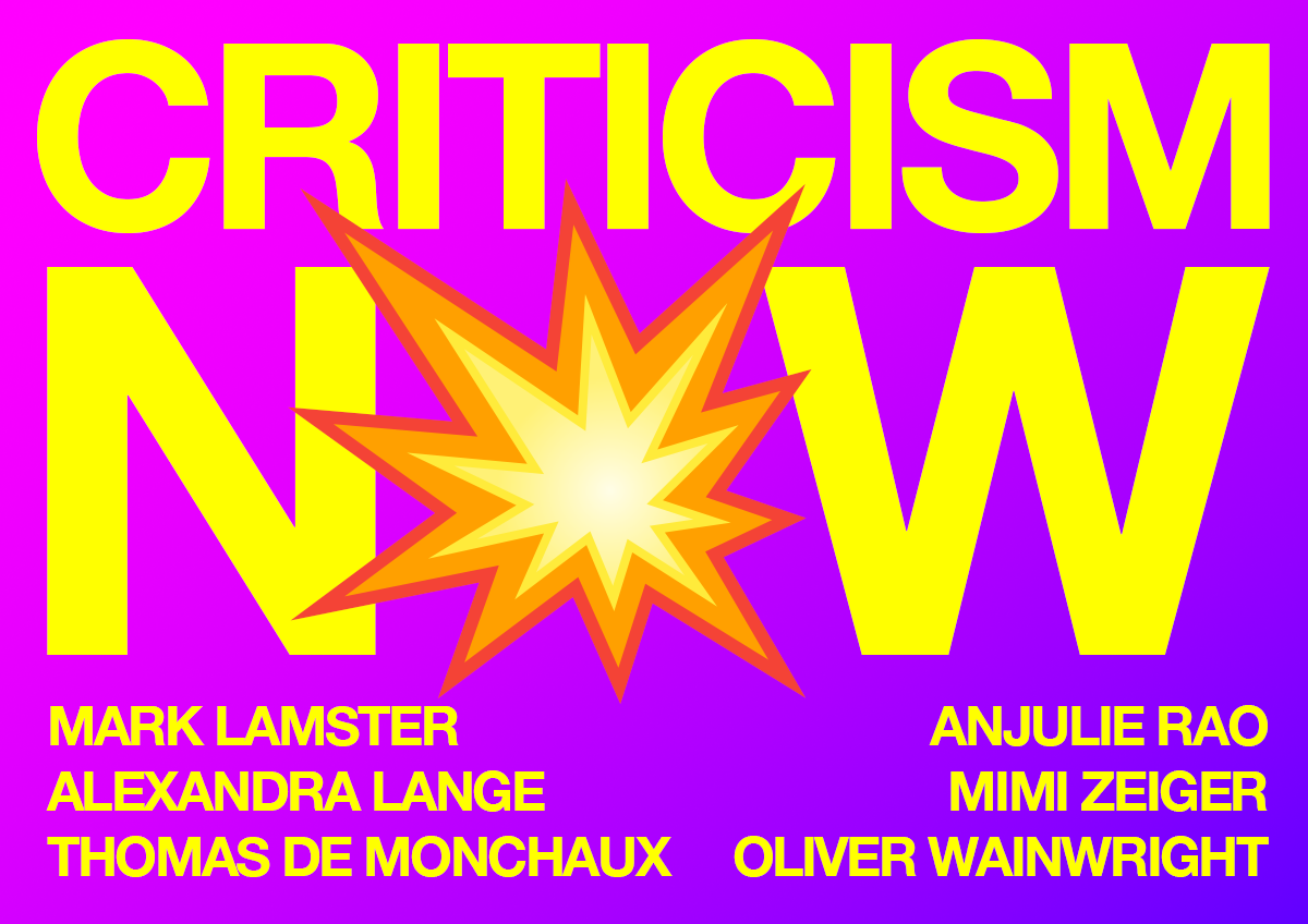 Criticism Now on gradient background listing names of speakers.