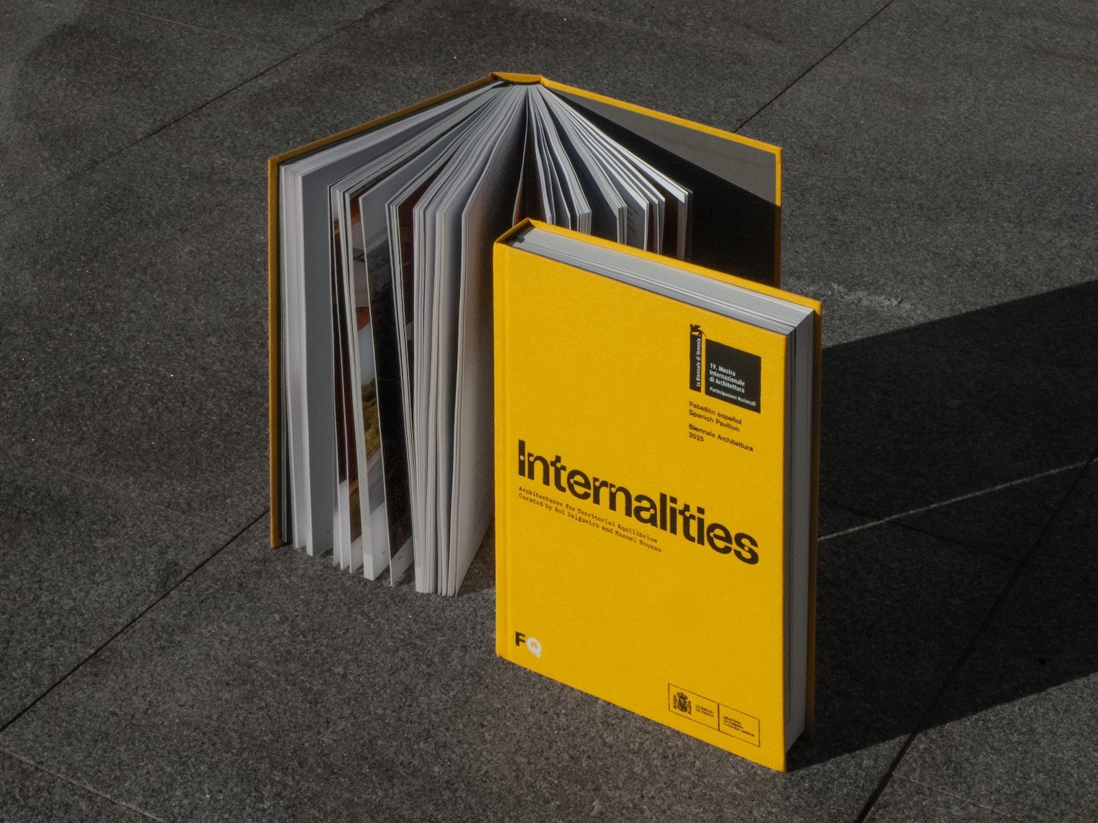 A yellow book stands up with fanned pages