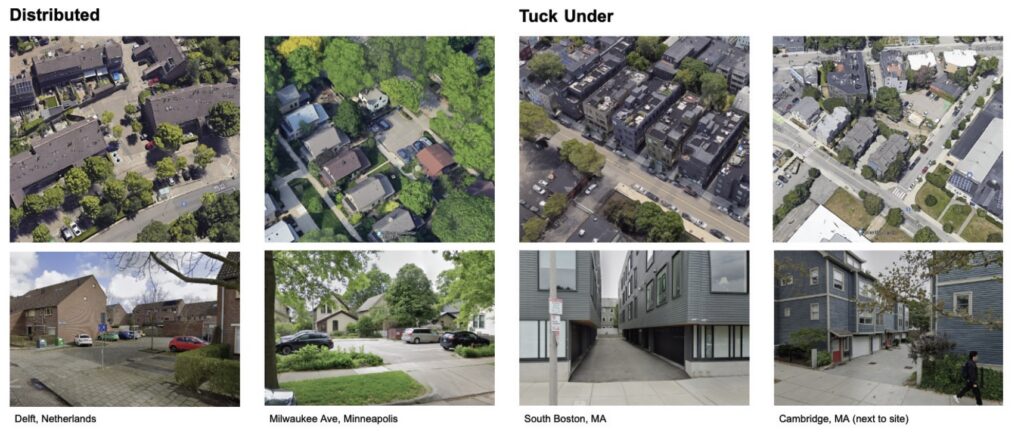 A grid of photographs showing parking arrangements in the Netherlands, Minneapolois, South Boston, and Cambridge, comparing distributed and "tuck under" features.