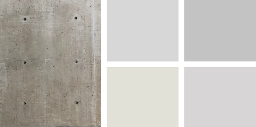 A collage showing a concrete wall and a set of four color swatches derived from the concrete.