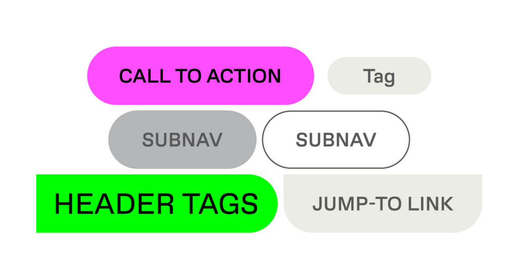 An array of website buttons in different colors and shapes.