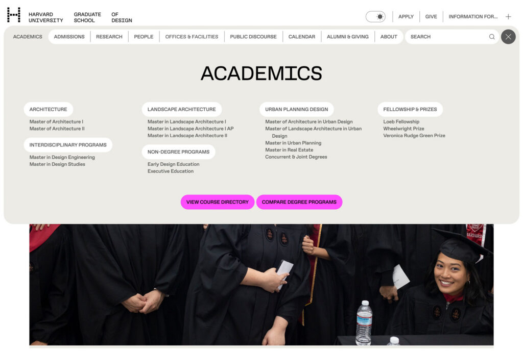 The GSD website showing the megamenu.