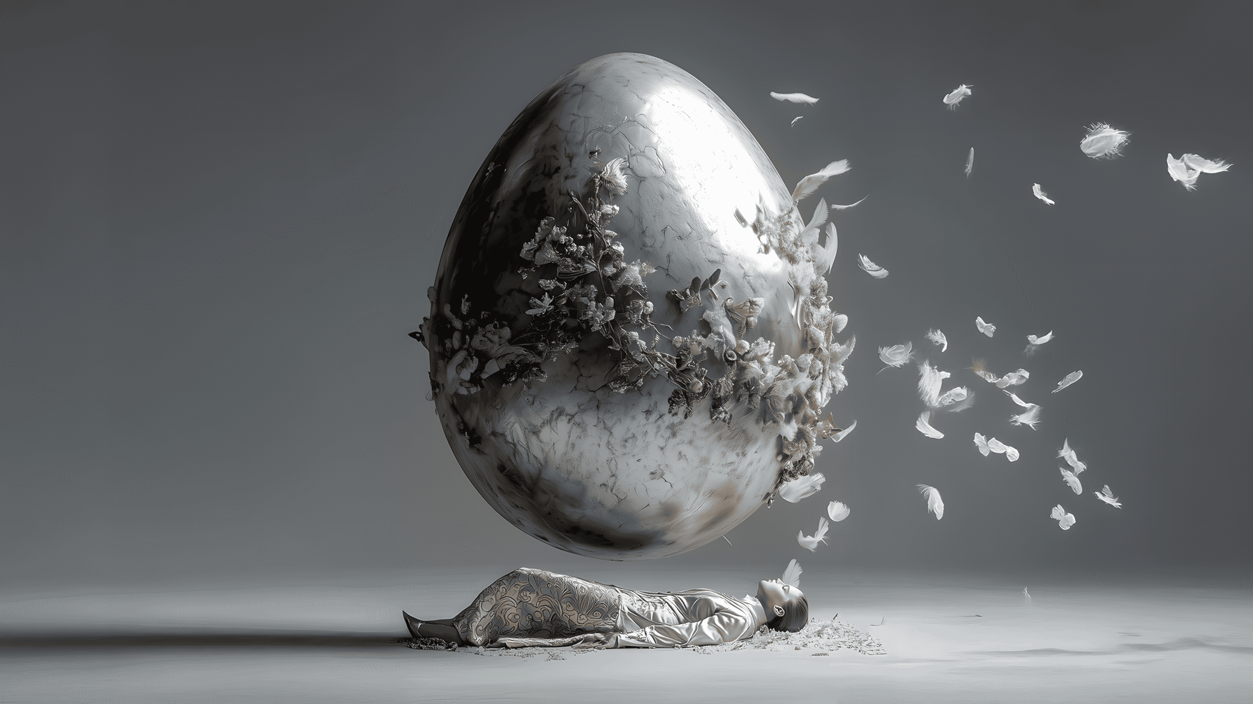 Abstract graphic of a person lying under a large egg that is ejecting swan feathers.