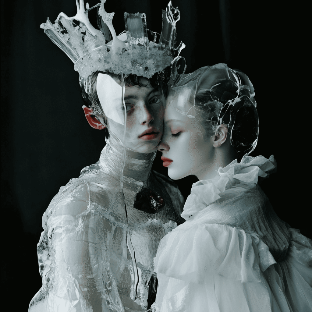 Two very pale people in masquerade costumes stand close to each other.