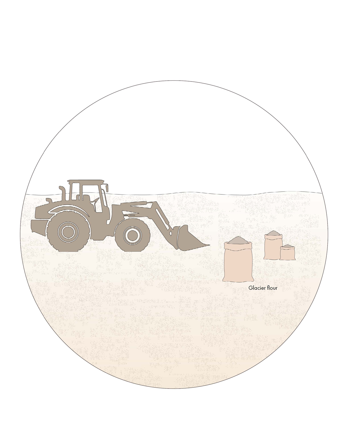 Illustration of a bulldozer filling bags with dried med.