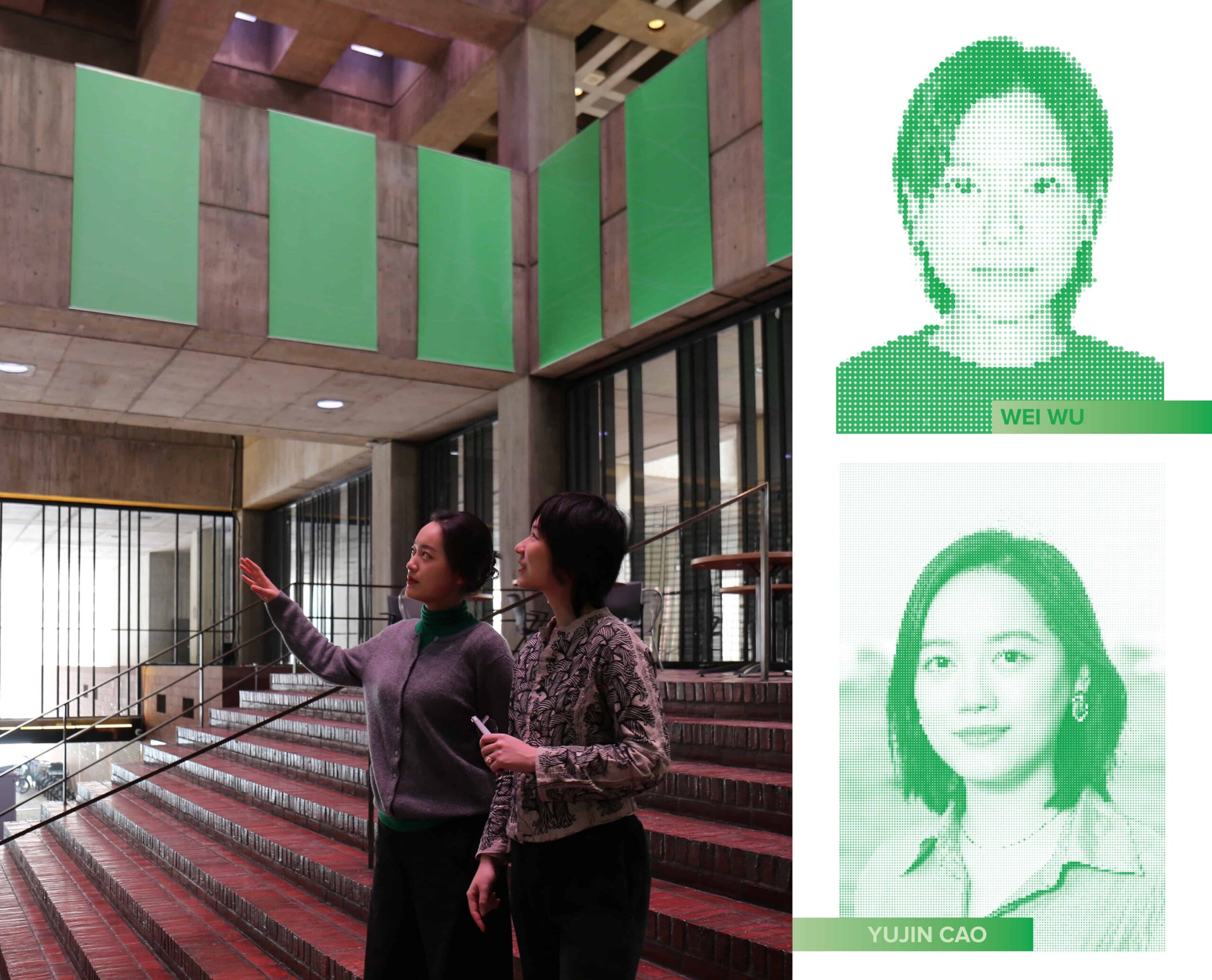 Yuji Cao and Wei Wu stand in Boston City Hall looking up at their installation