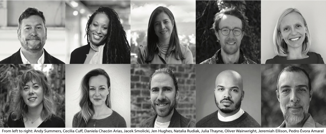 Black‑and‑white collage of ten adults in two rows, each shown from the shoulders up, smiling or looking at the camera against various indoor and outdoor backgrounds.