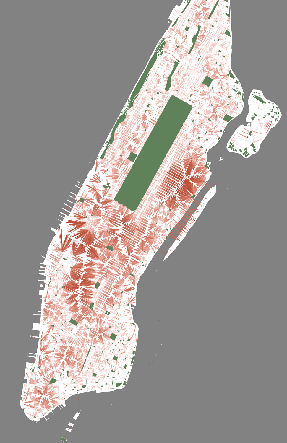 Map of Manhattan with red lines and green parks.