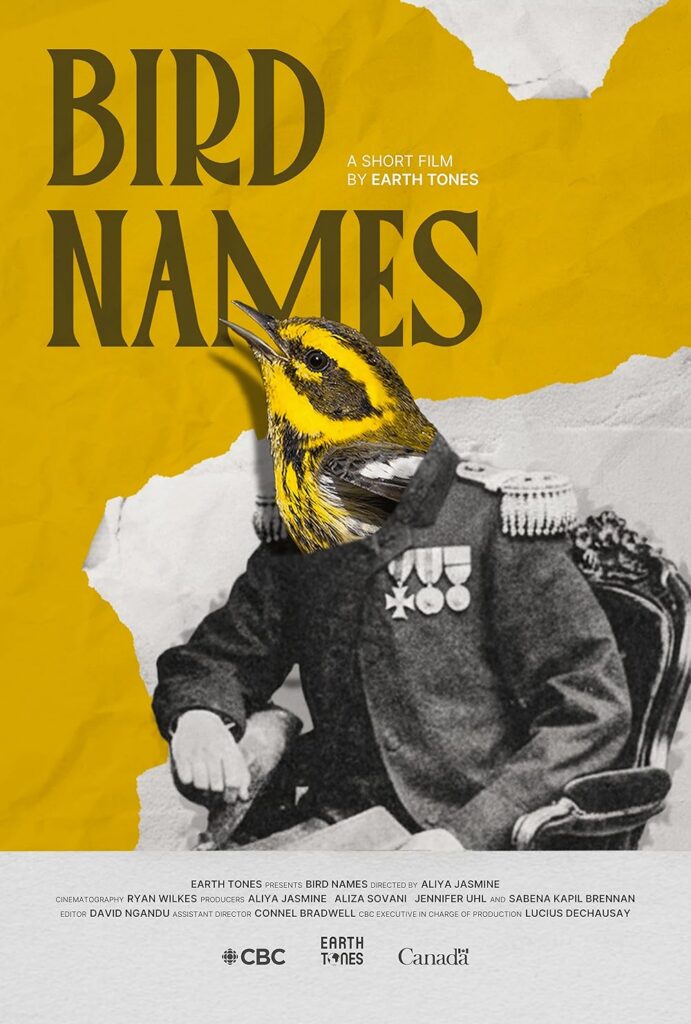 Vertical poster for Bird Names which features a yellow bird in a jacket