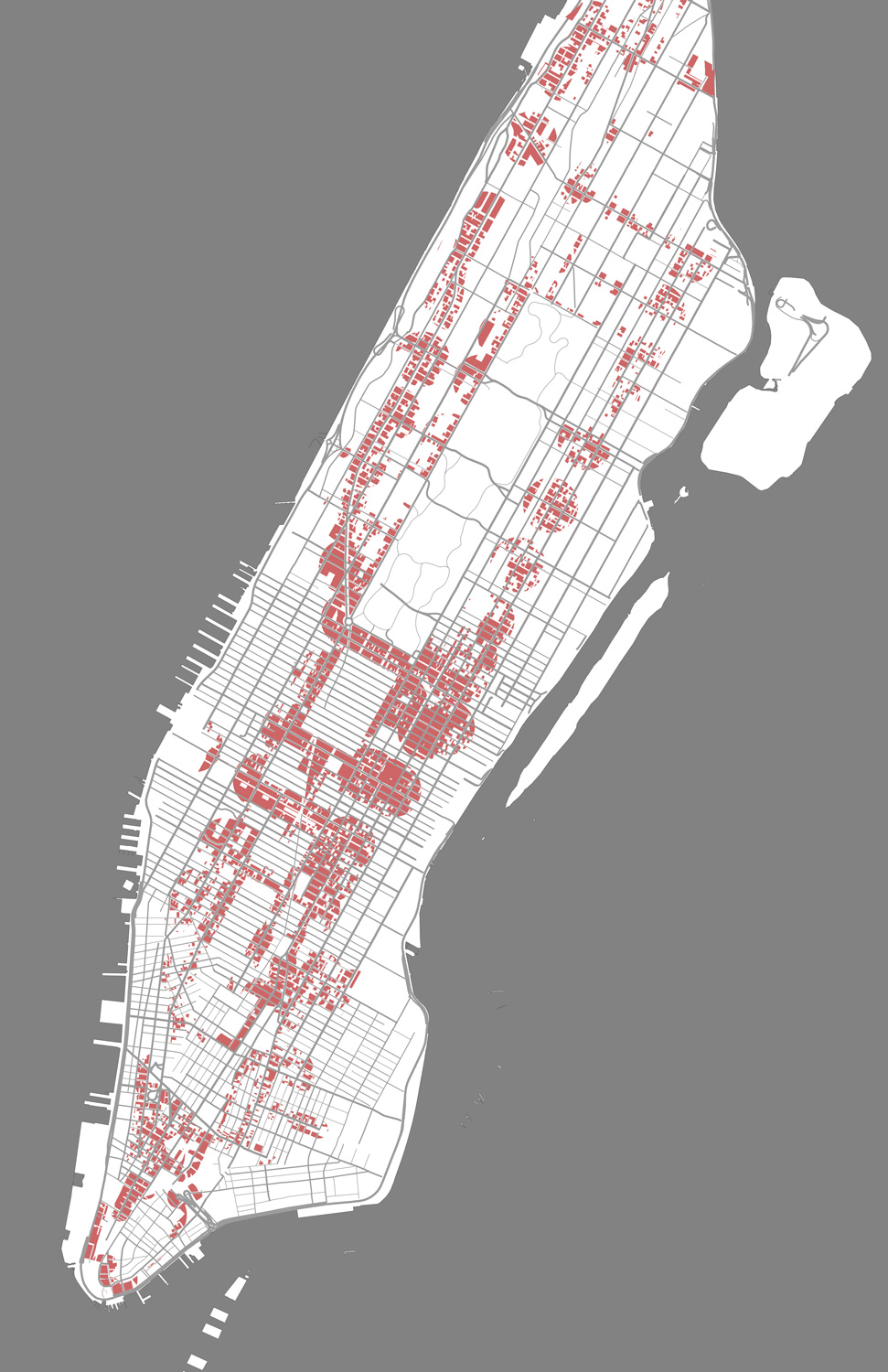 Map of Manhattan with red dots.