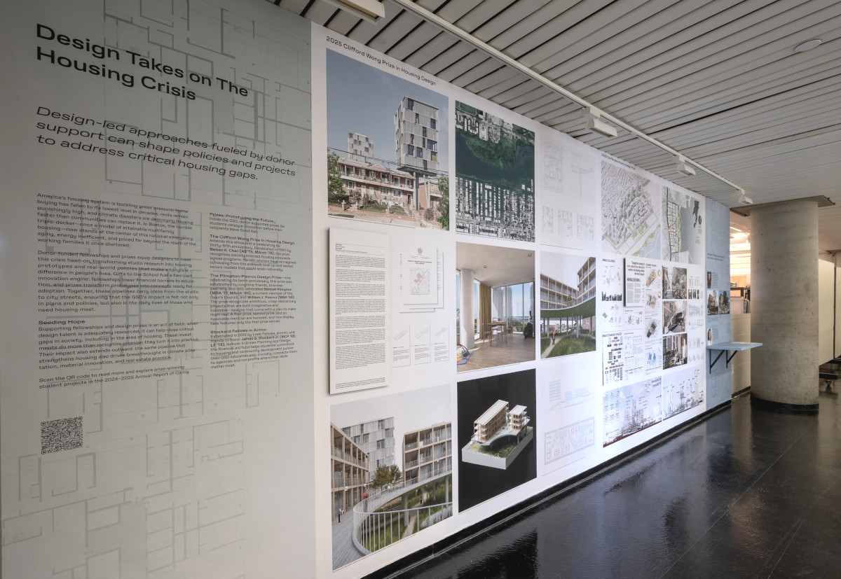 A long wall displaying multiple images of design projects.