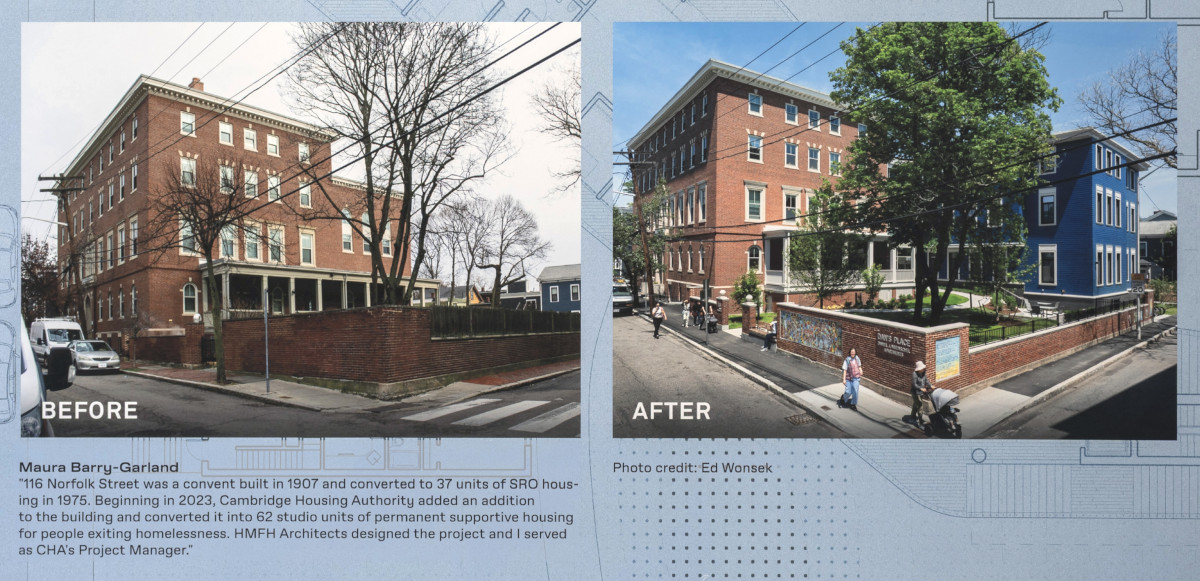 Detail showing before and after images of an urban residential project.