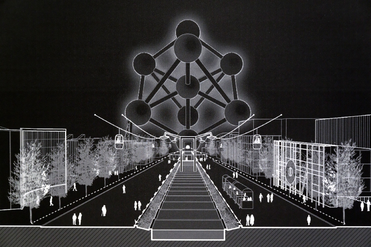 Detail of a rendering of a pedestrian plaza with a large abstract structure.