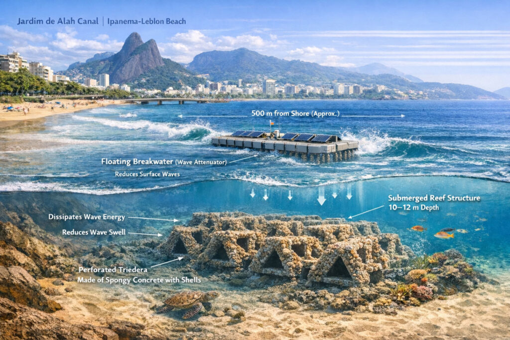 Image of a shoreline with submerged reef and breakwater.